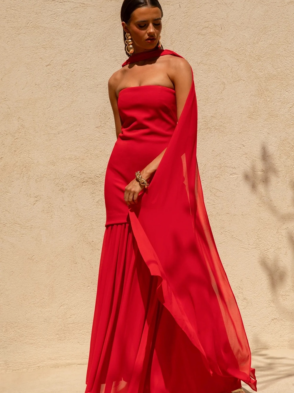 Club L London Strapless Red Maxi Dress with Draped Scarf - Picture 5 of 6